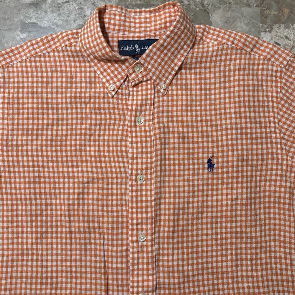 Polo Ralph Lauren Shirt Mens Medium Orange Gingham Check 100% Linen Short Sleeve